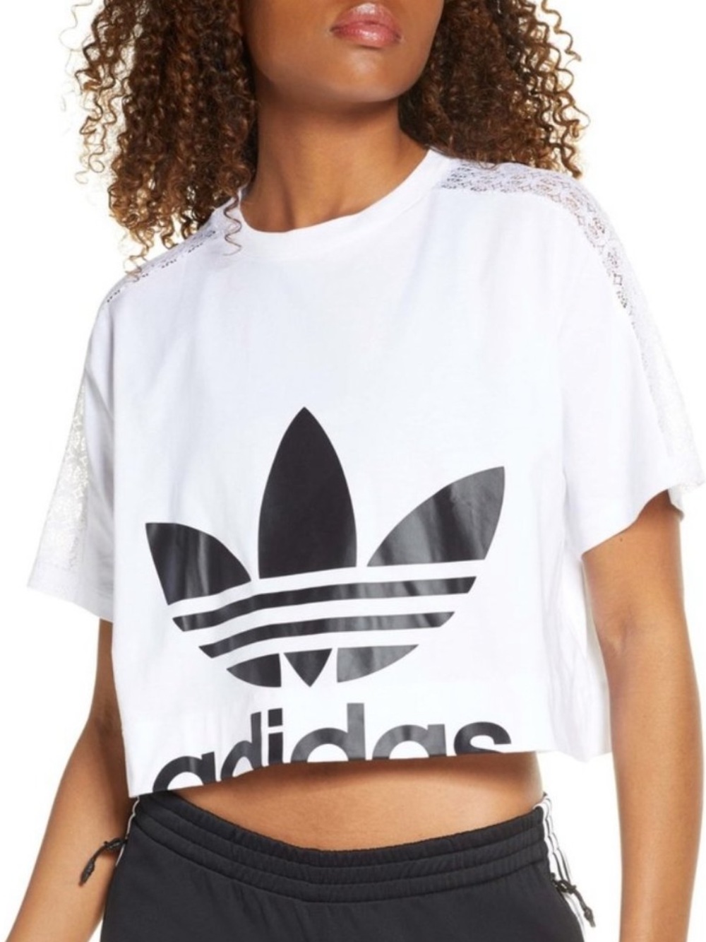 NWT Adidas Trefoil Cropped Lace Tee White Black Size M